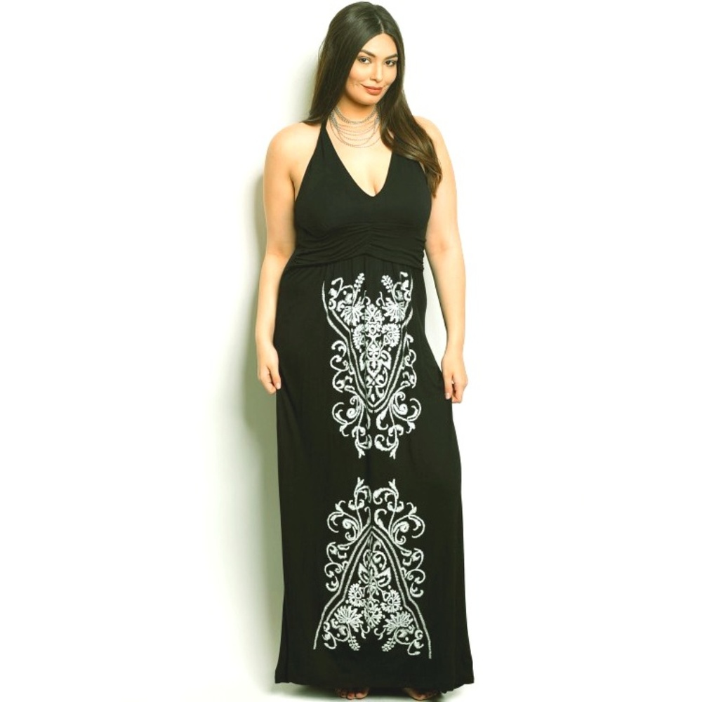 Plus Size Black Jersey Floral Long Maxi Dress